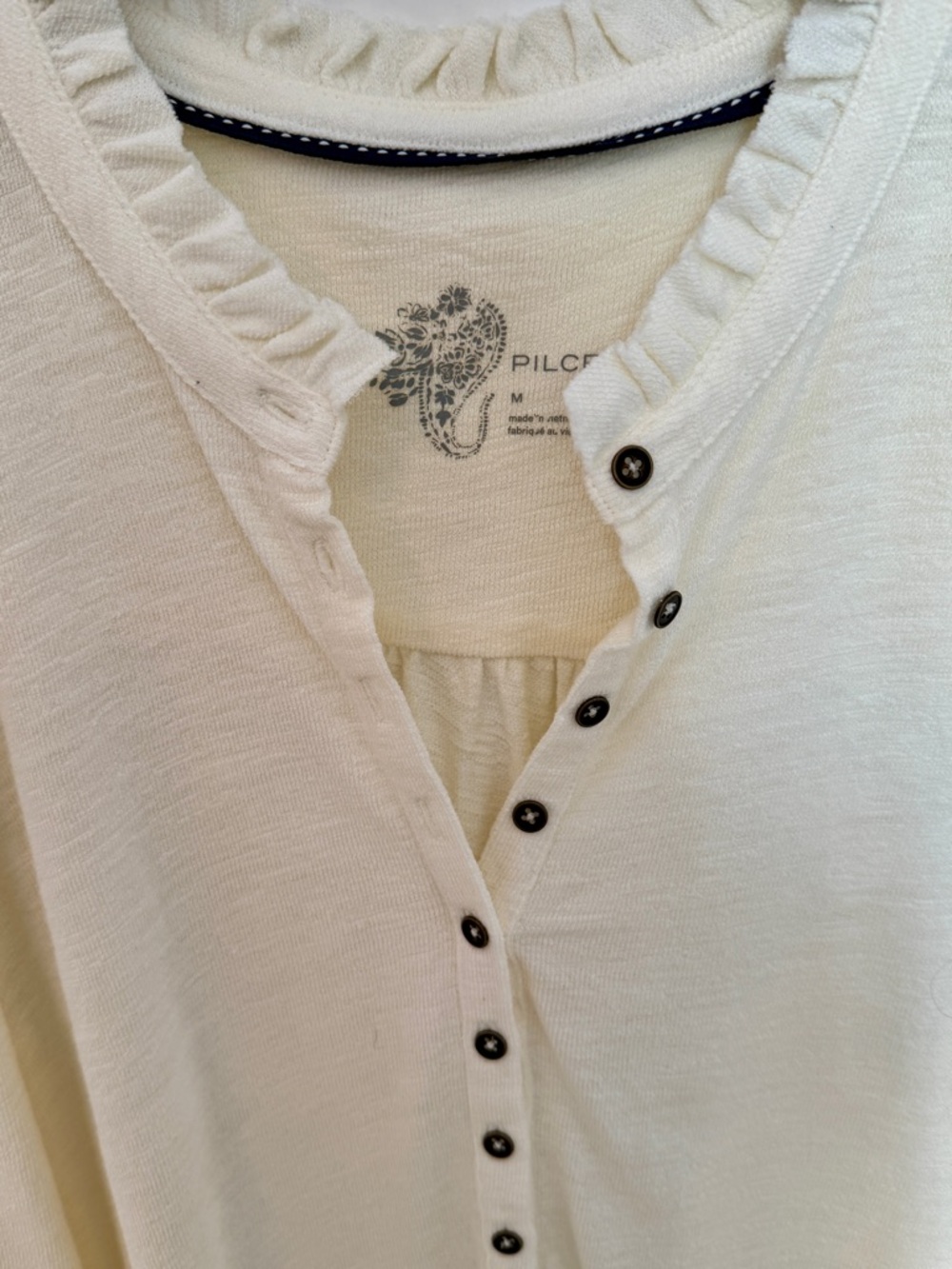 Anthropologie—-Pilcro Cream Ruffle-Trim Button Henley. Size medium - Picture 2 of 5